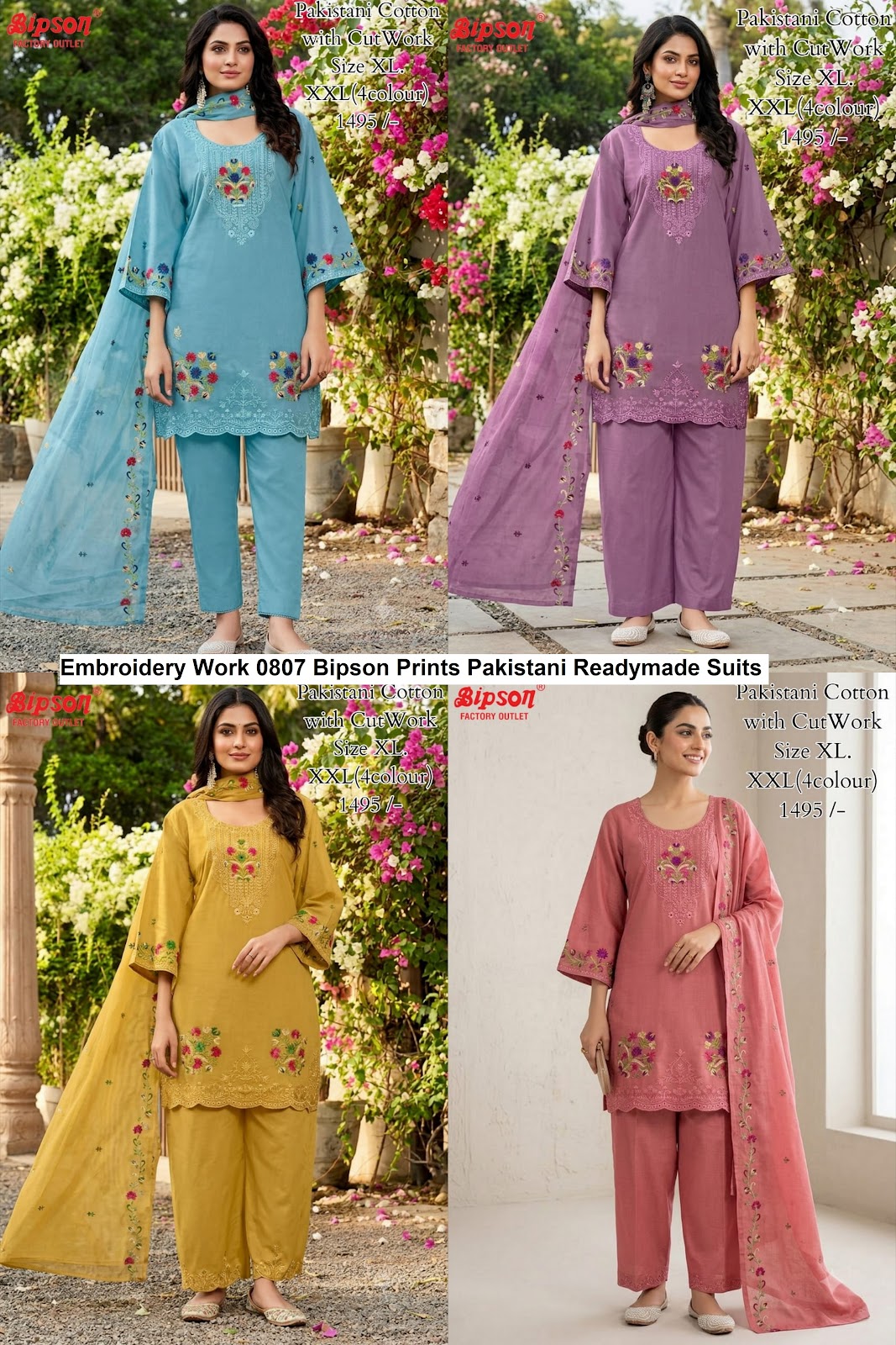 Embroidery Work 0807 Bipson Prints Cotton Pakistani Readymade Suits Wholesaler India