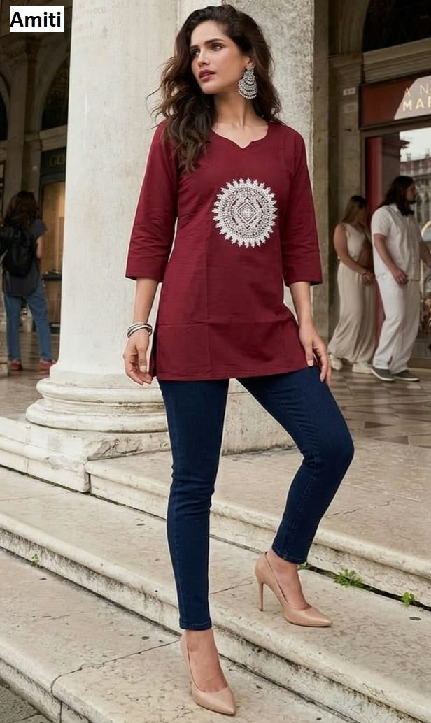 Embroidery Work 201026 Amiti Dhabu Cotton Short Kurtis Wholesale Price