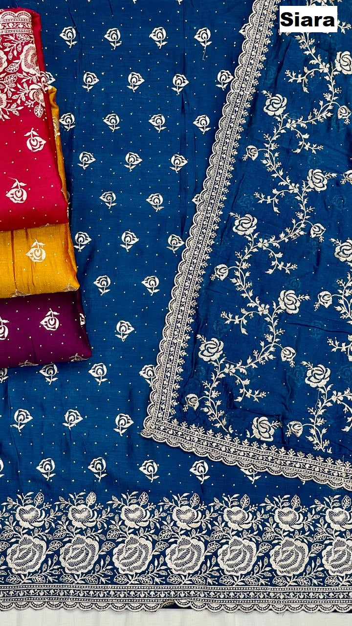 Embroidery Work Siara Vichitra Silk Salwar Suits Wholesale