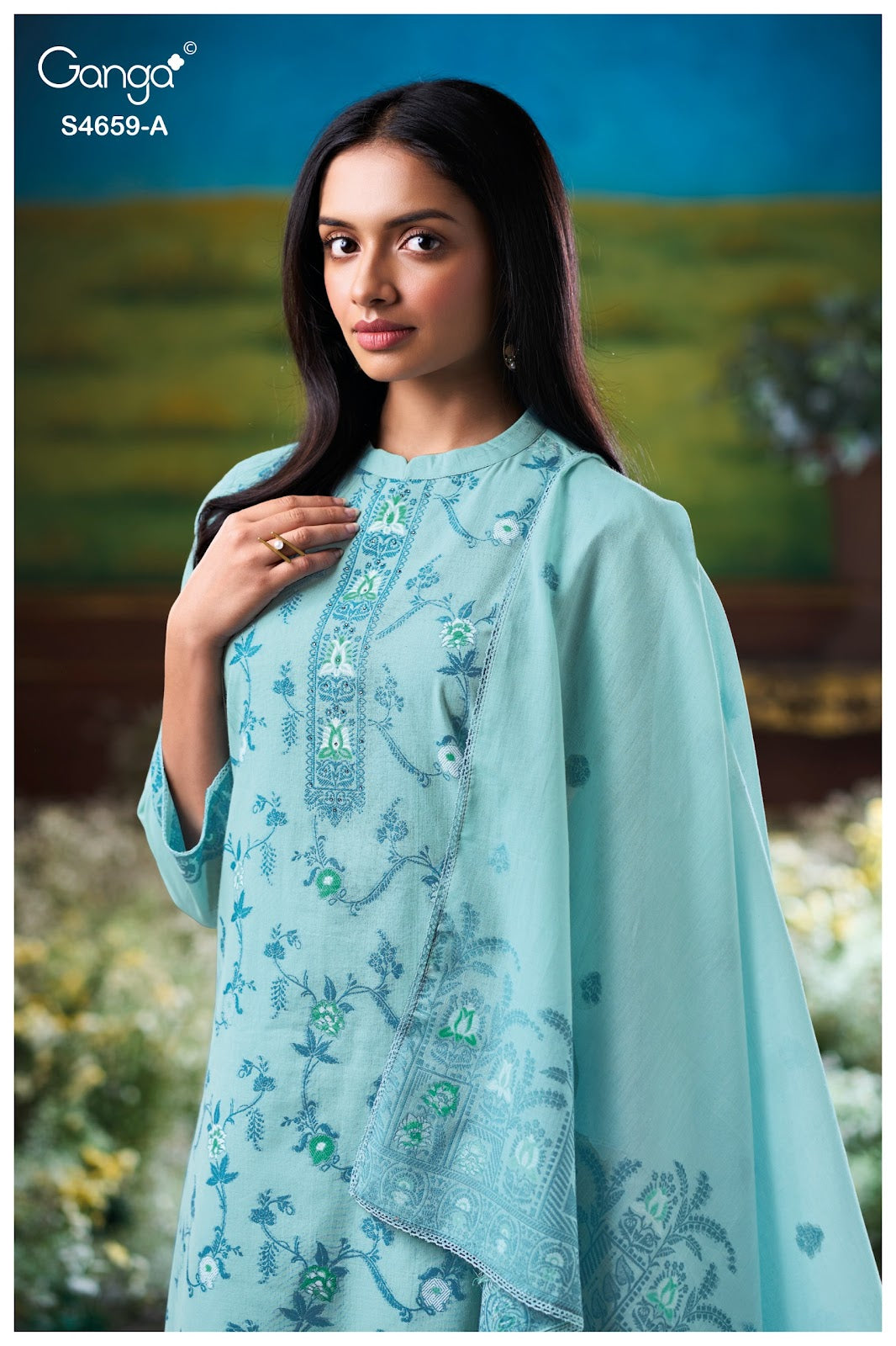 Emelina 4659 Ganga Cotton Jacquard Pant Style Suits Exporter Ahmedabad