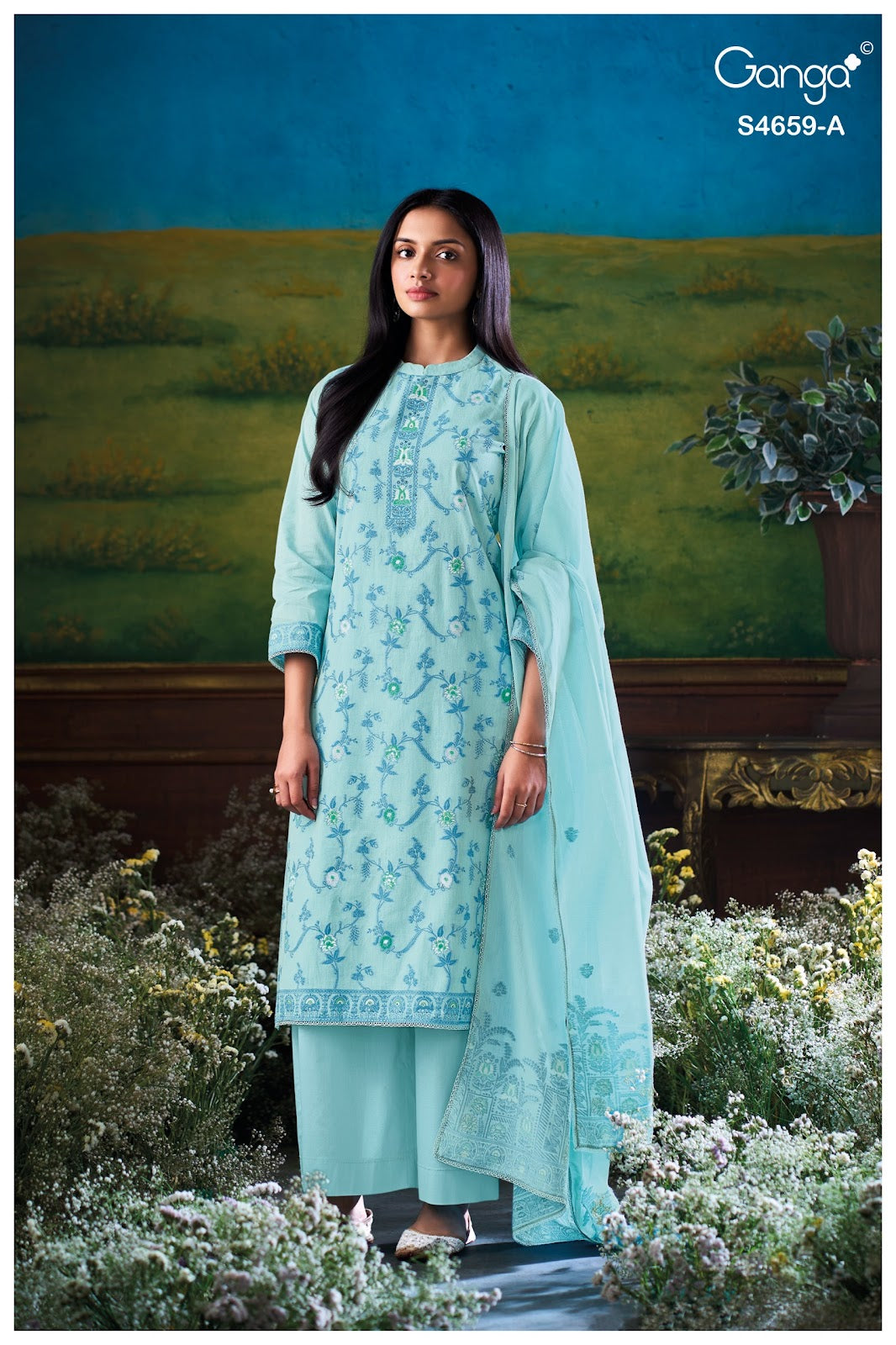 Emelina 4659 Ganga Cotton Jacquard Pant Style Suits Exporter Ahmedabad