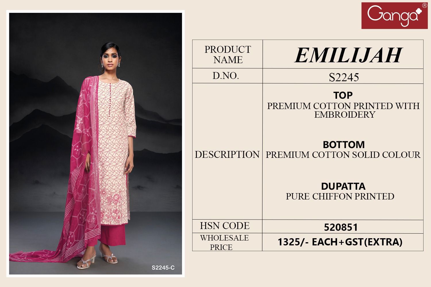 Emilijah-2245 Ganga Premium Cotton Plazzo Style Suits