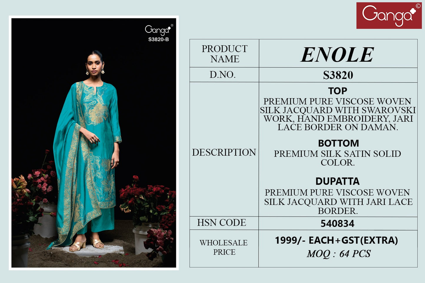 Enole S3820 Ganga Woven Silk Pant Style Suits Exporter Ahmedabad