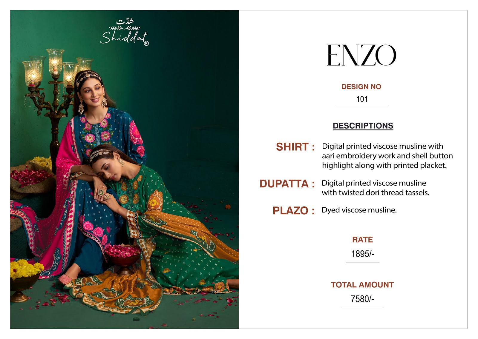 Enzo 101 Shiddat Viscose Muslin Pant Style Suits Exporter Gujarat