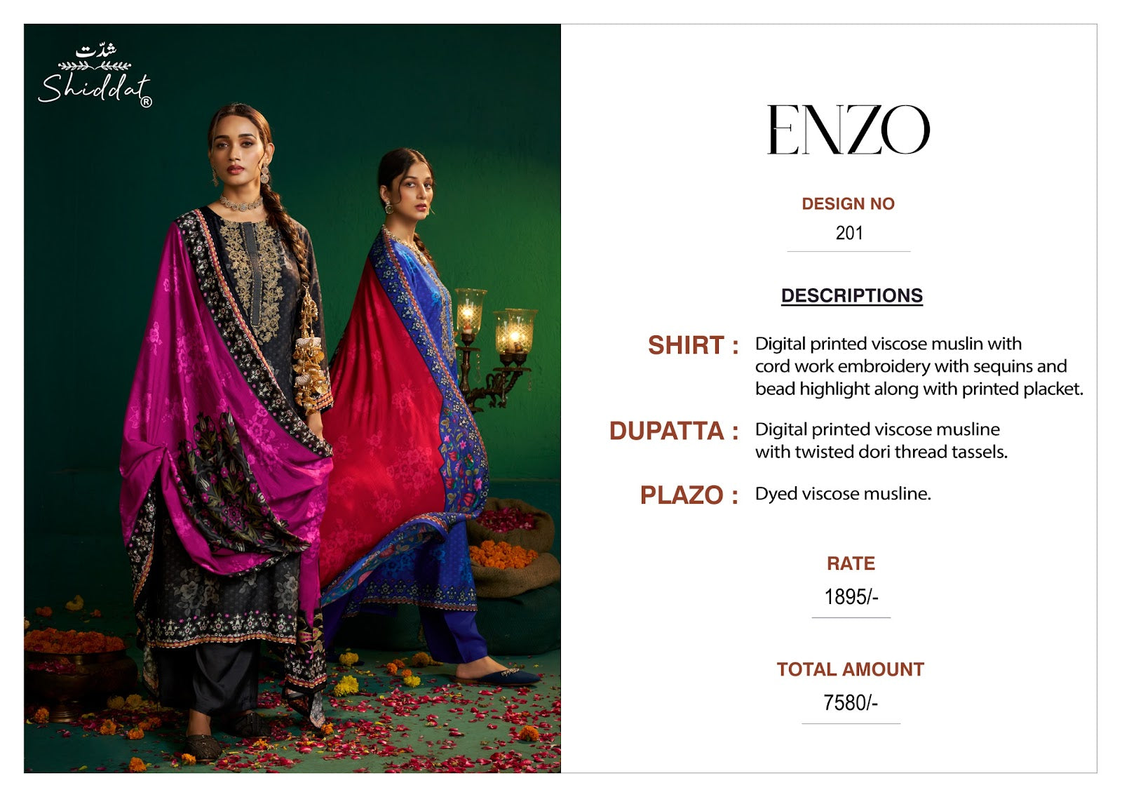 Enzo 201 Shiddat Viscose Muslin Plazzo Style Suits Supplier