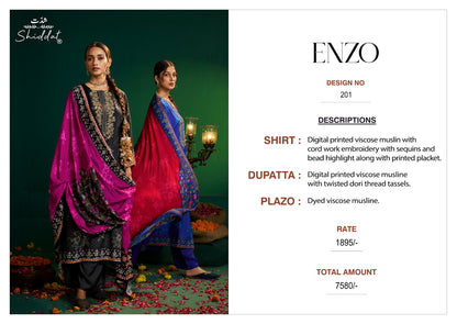 Enzo 201 Shiddat Viscose Muslin Plazzo Style Suits Supplier