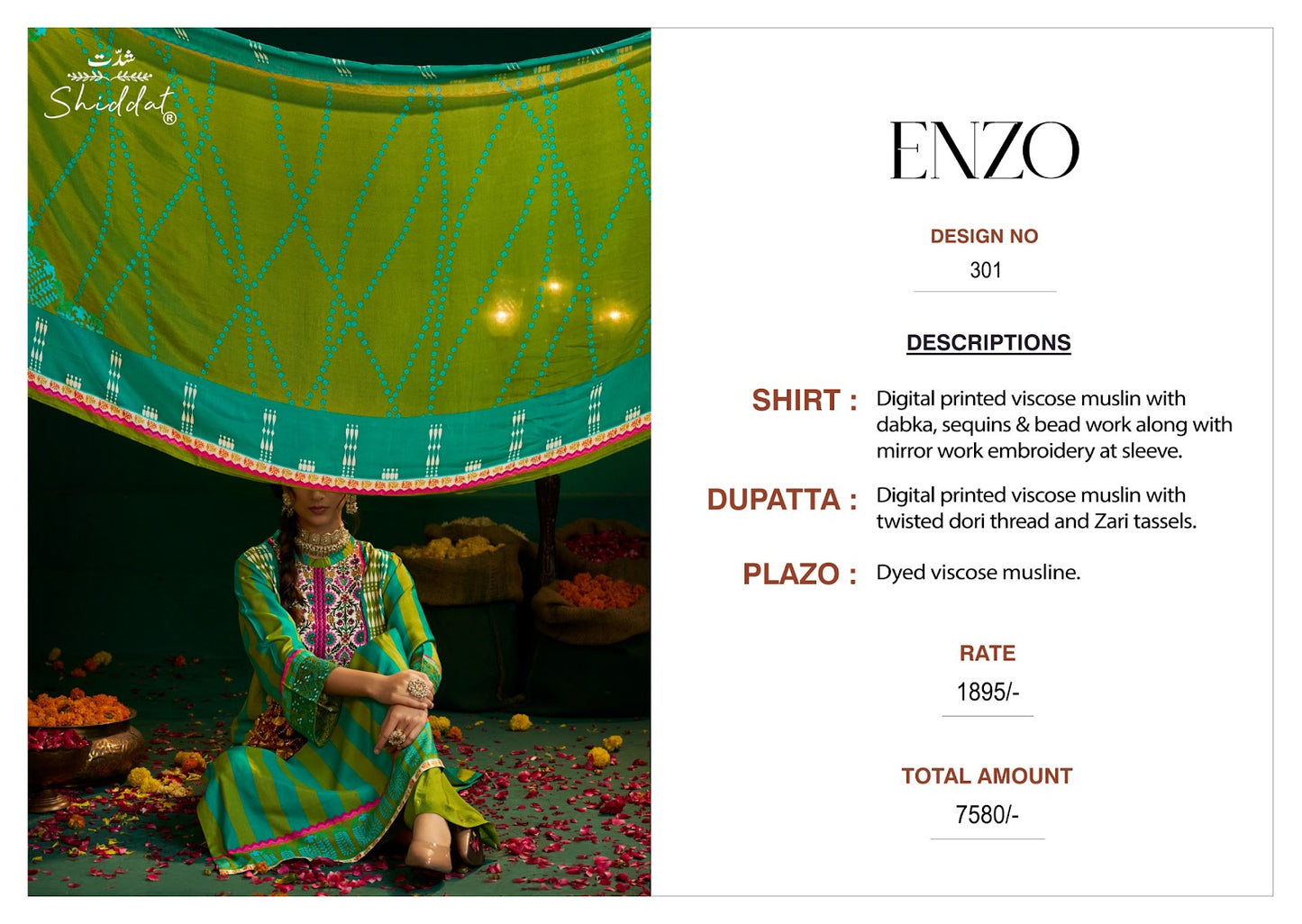 Enzo 301 Shiddat Viscose Muslin Plazzo Style Suits Supplier India