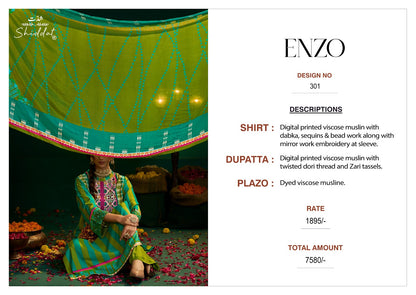 Enzo 301 Shiddat Viscose Muslin Plazzo Style Suits Supplier India