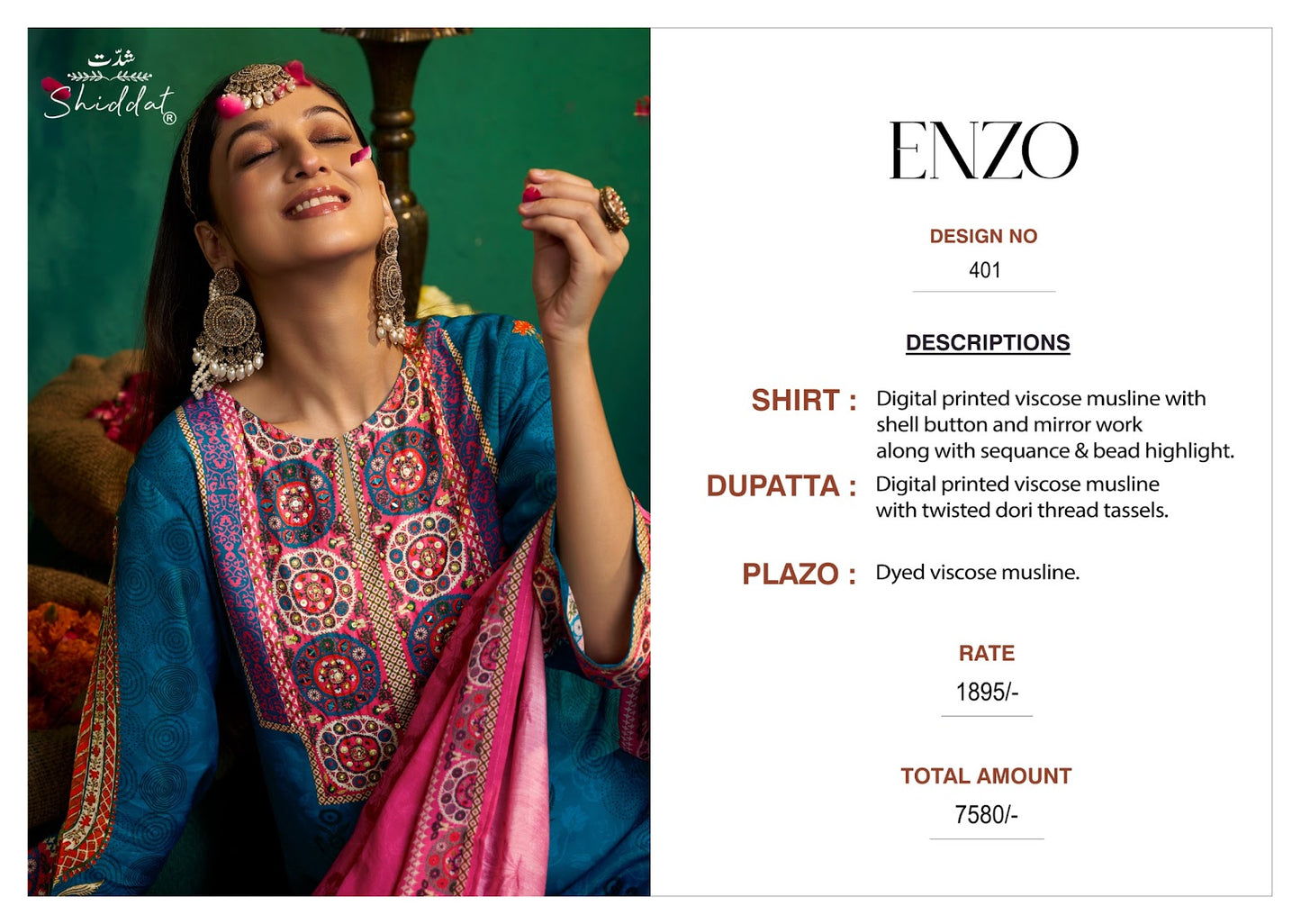 Enzo 401 Shiddat Viscose Muslin Plazzo Style Suits Wholesaler