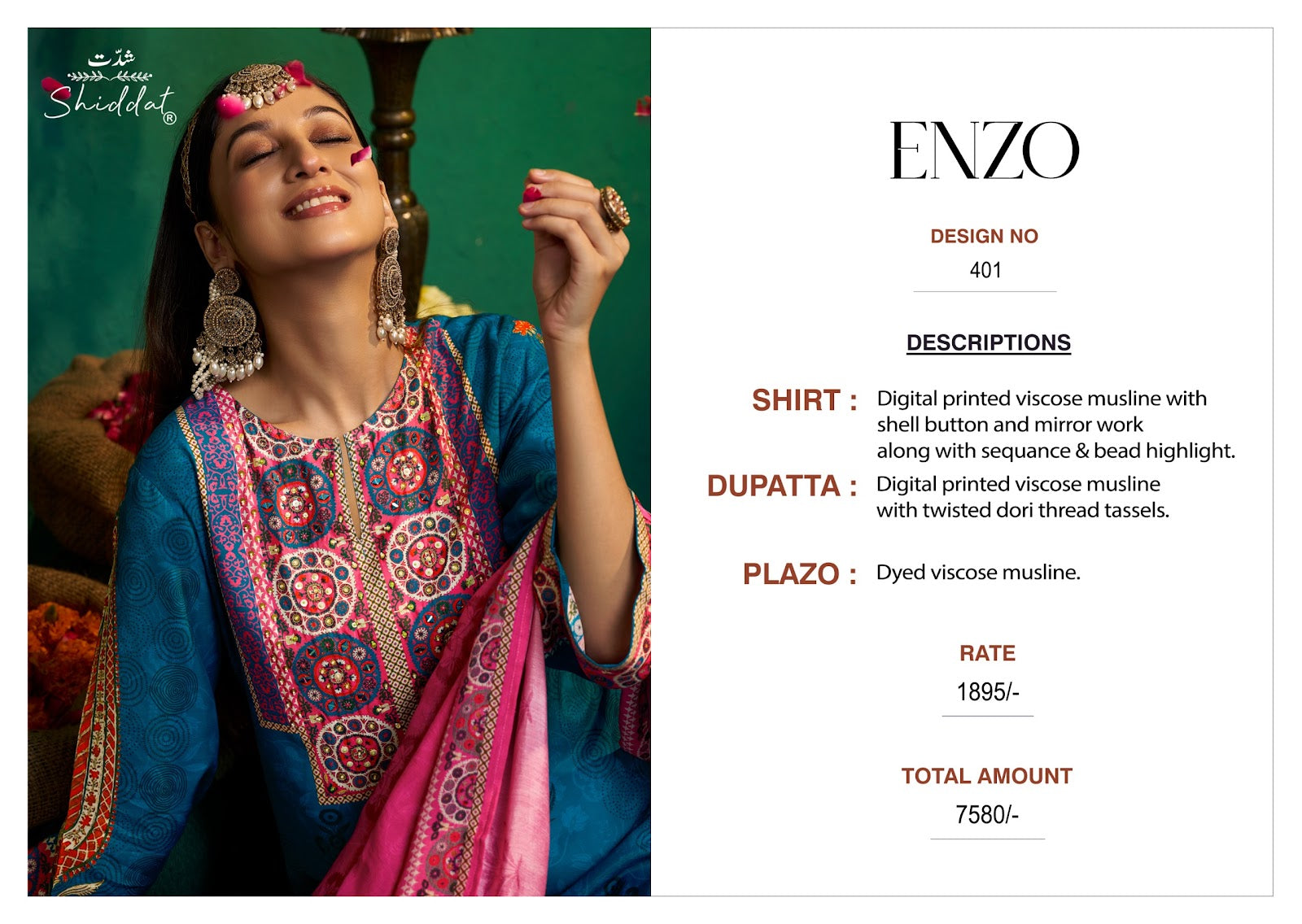 Enzo 401 Shiddat Viscose Muslin Plazzo Style Suits Wholesaler