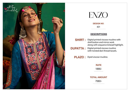 Enzo 401 Shiddat Viscose Muslin Plazzo Style Suits Wholesaler