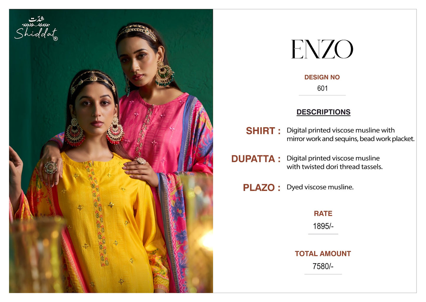 Enzo 601 Shiddat Viscose Muslin Plazzo Style Suits Wholesaler Ahmedabad