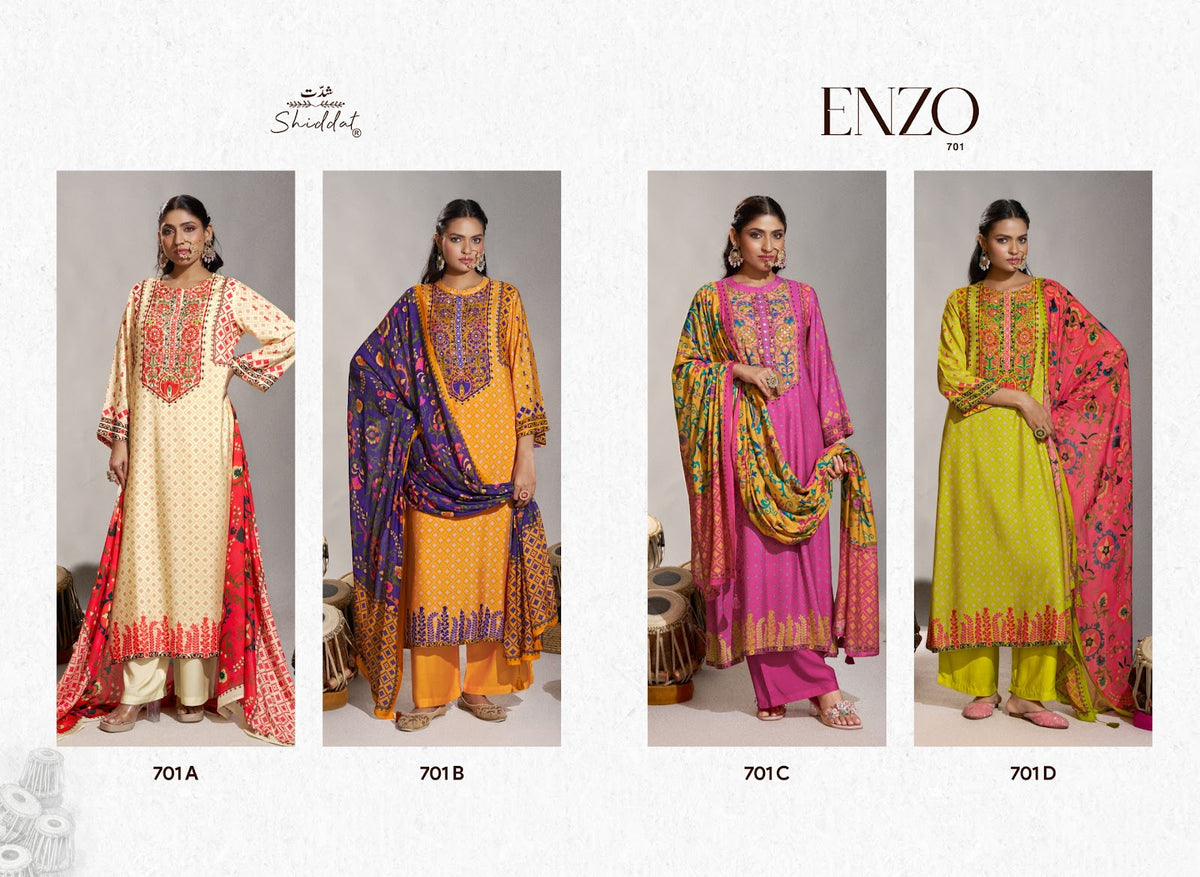 Enzo 701 Shiddat Viscose Muslin Plazzo Style Suits Exporter