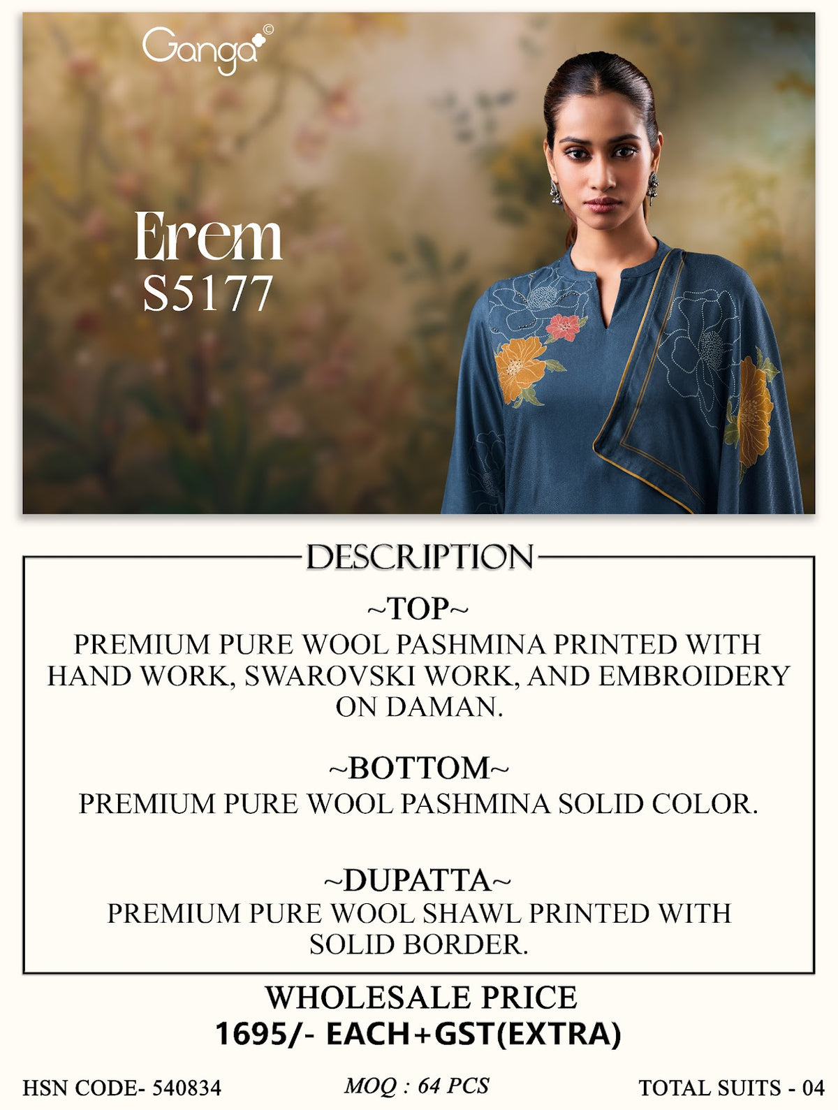 Erem S5177 Ganga Wool Pashmina Suits Supplier India