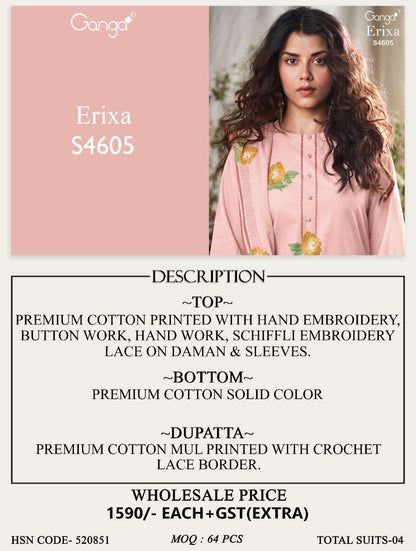 Erixa 4605 Ganga Cotton Plazzo Style Suits Wholesale Price