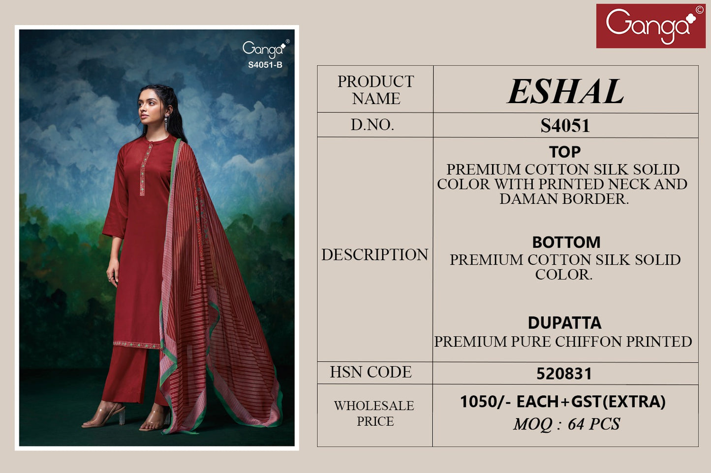 Eshal 4051 Ganga Premium Cotton Plazzo Style Suits Wholesale Price