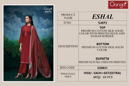 Eshal 4051 Ganga Premium Cotton Plazzo Style Suits Wholesale Price