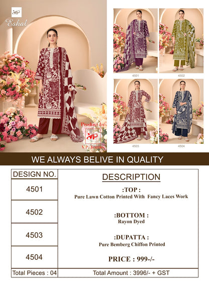 Eshal Vp Brand Lawn Cotton Karachi Salwar Suits Wholesale Price