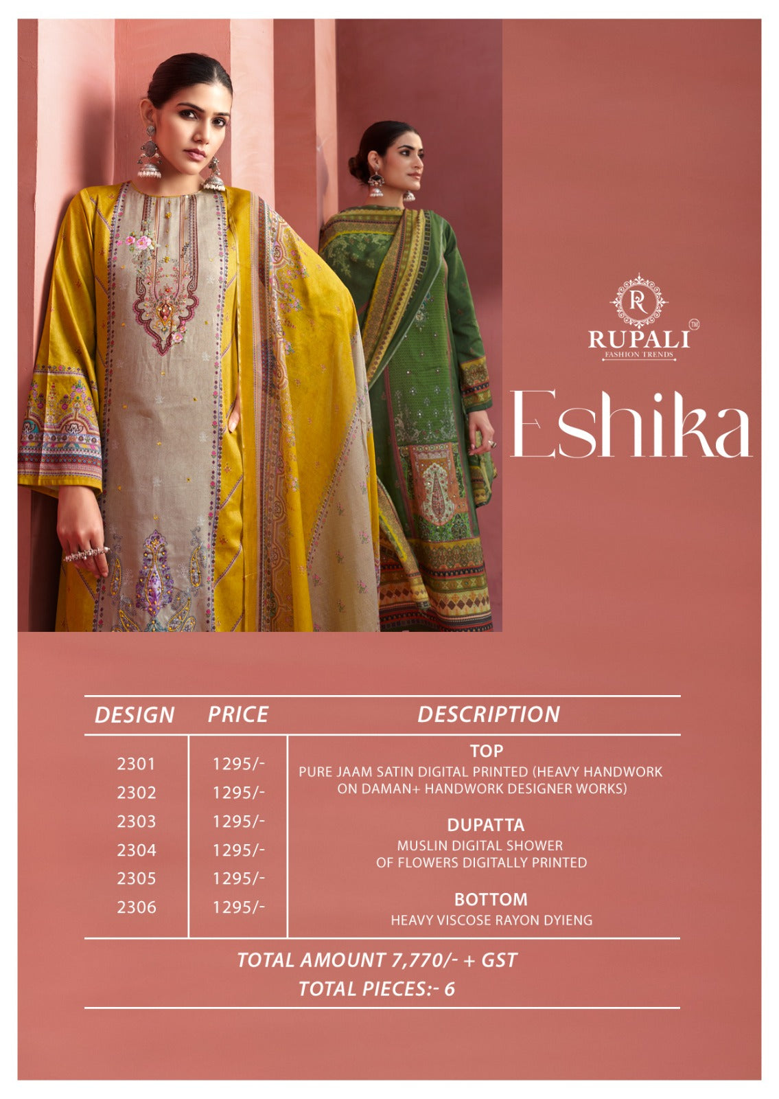 Eshika Rupali Jam Satin Karachi Salwar Suits Exporter