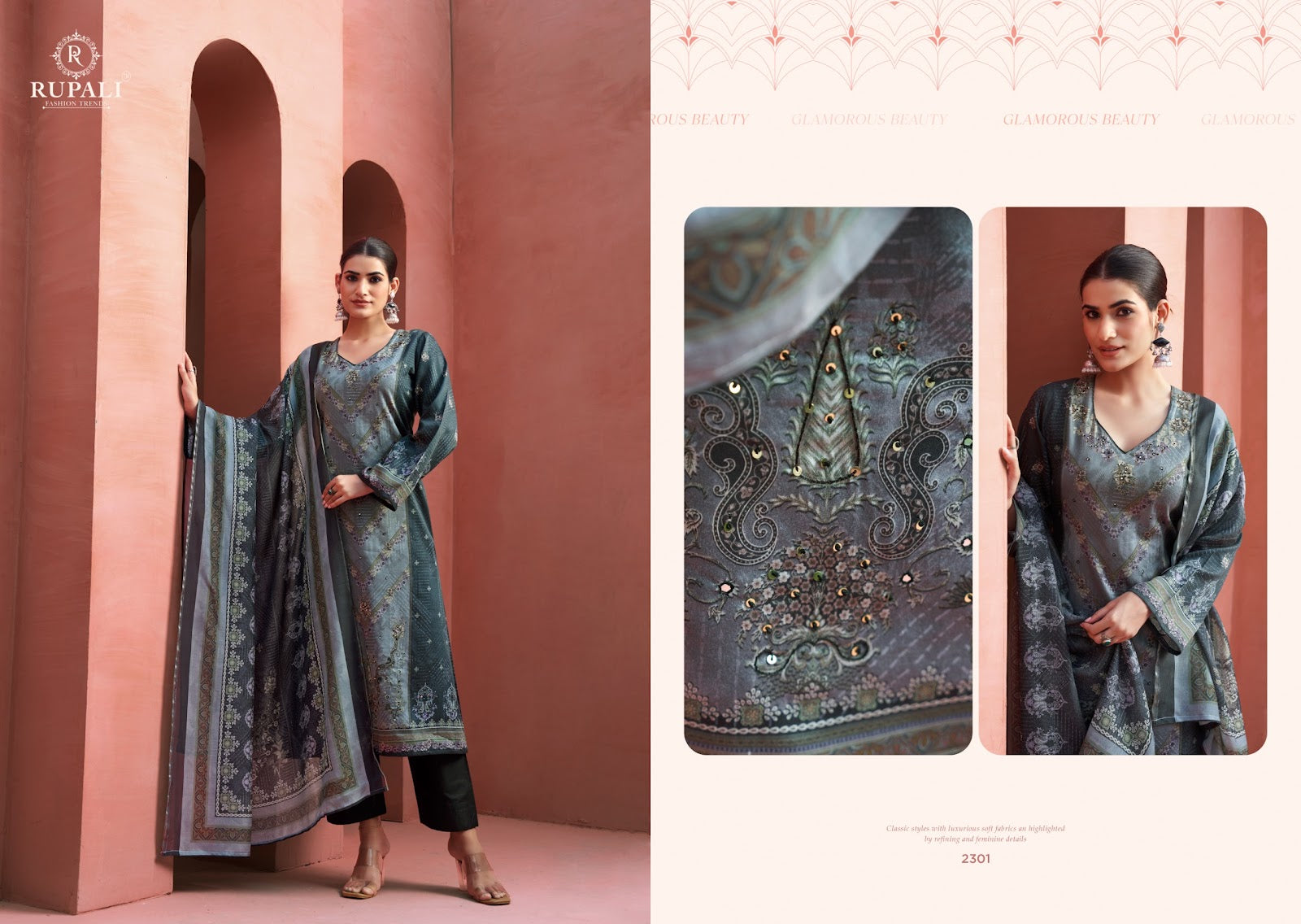 Eshika Rupali Jam Satin Karachi Salwar Suits Exporter