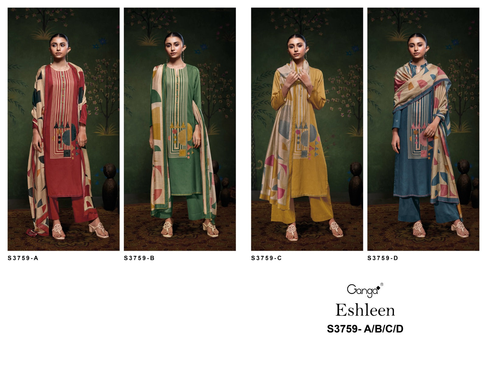 Eshleen 3759 Ganga Cotton Satin Plazzo Style Suits Wholesale Rate