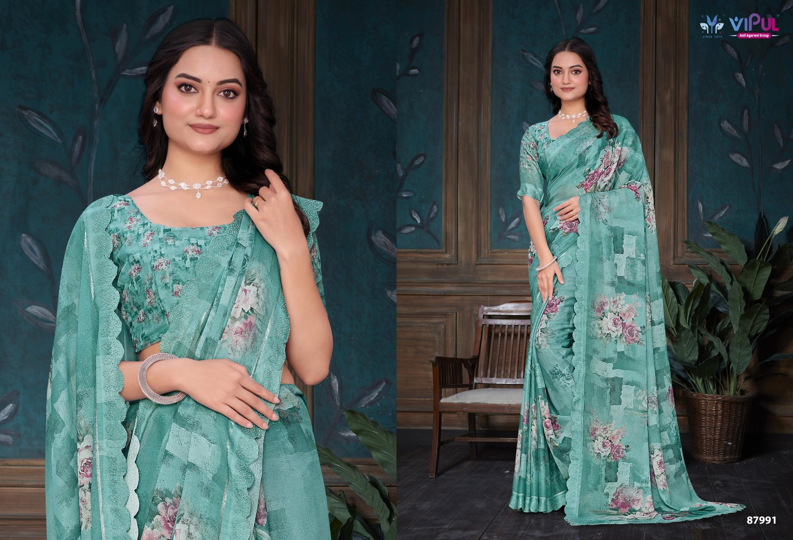 Estella Vipul Dull Moss Sarees Wholesale Price