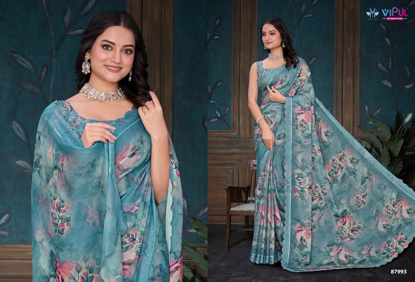 Estella Vipul Dull Moss Sarees Wholesale Price