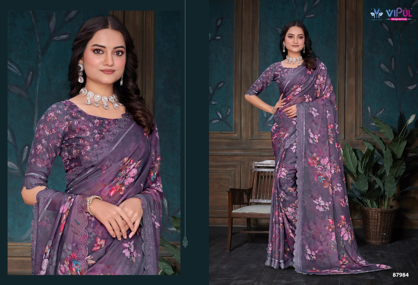 Estella Vipul Dull Moss Sarees Wholesale Price