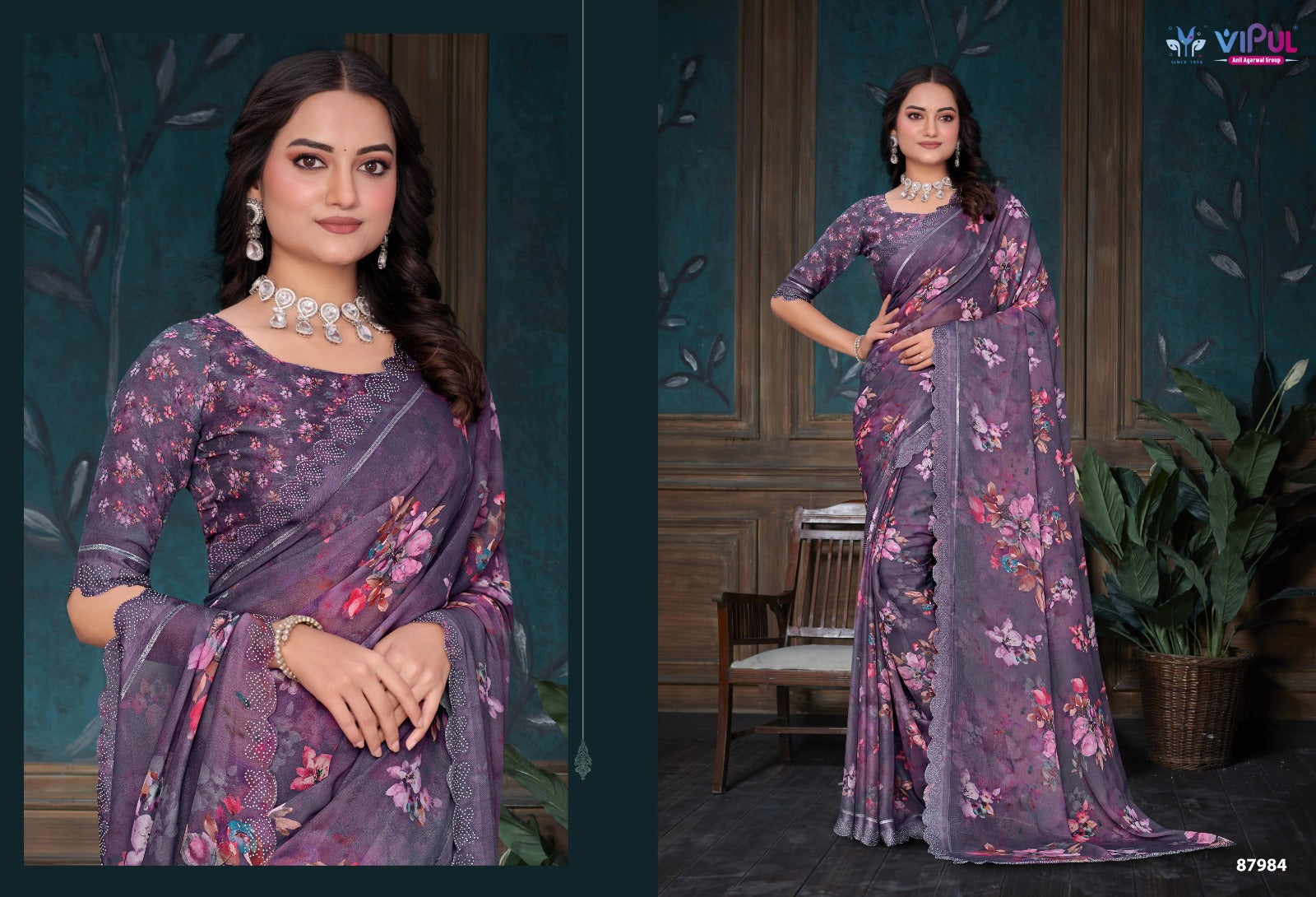 Estella Vipul Dull Moss Sarees Wholesale Price