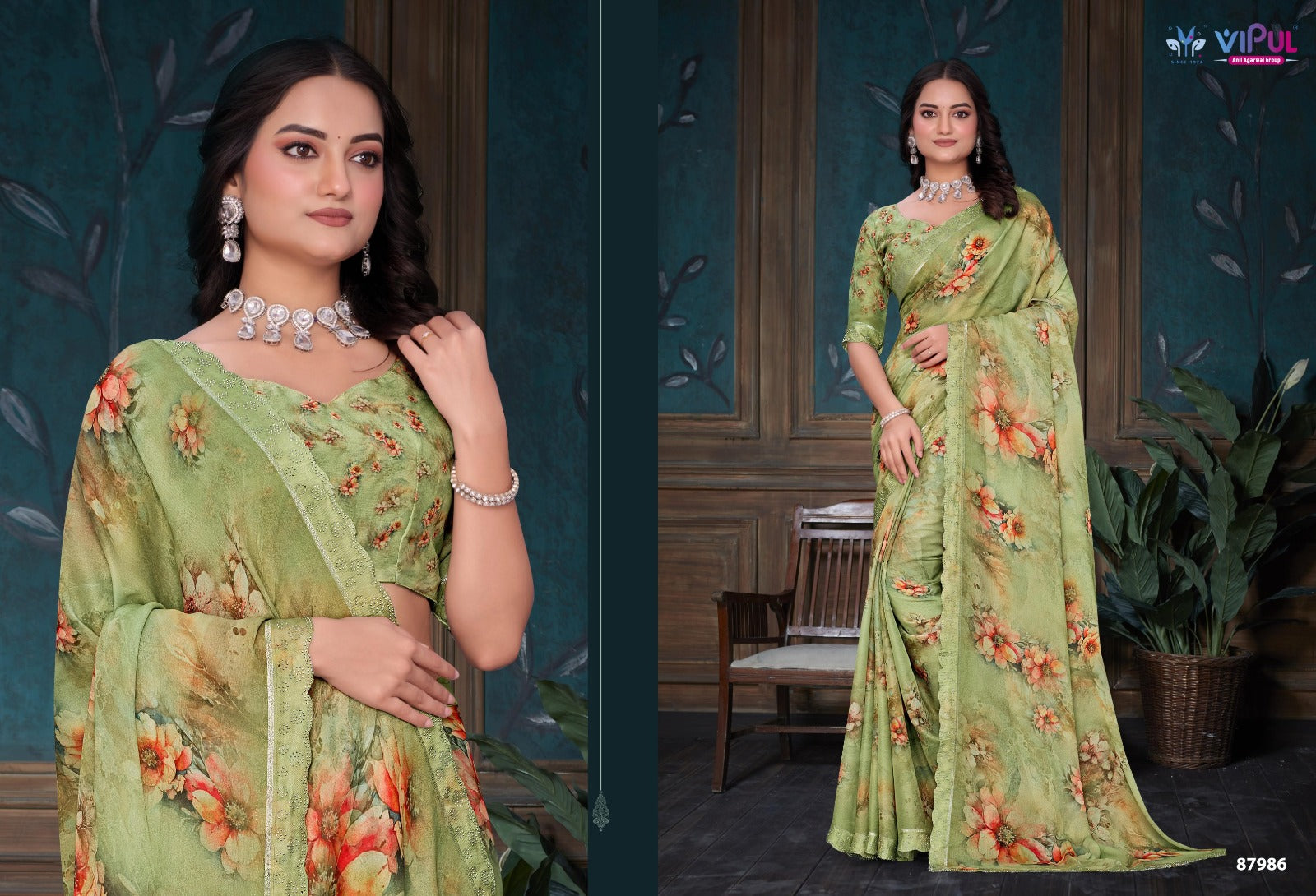 Estella Vipul Dull Moss Sarees Wholesale Price