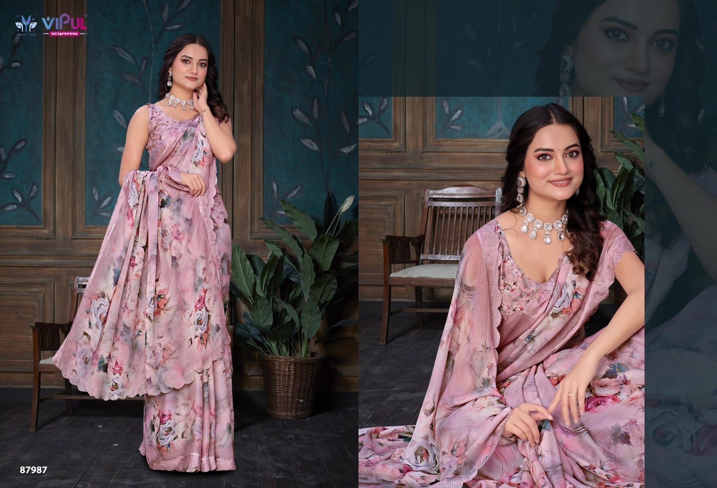 Estella Vipul Dull Moss Sarees Wholesale Price