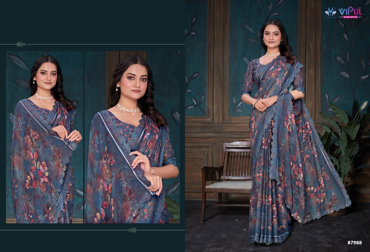 Estella Vipul Dull Moss Sarees Wholesale Price