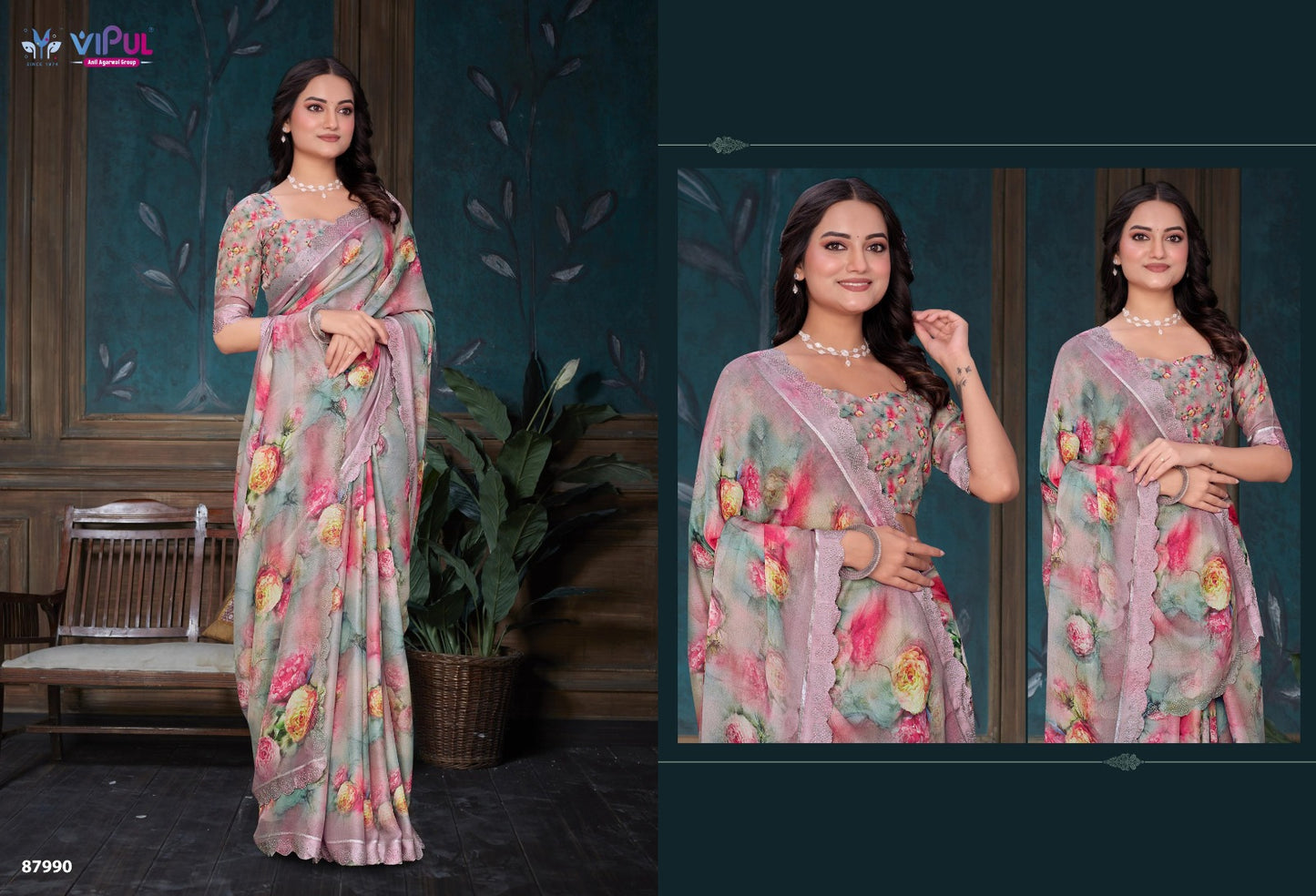 Estella Vipul Dull Moss Sarees Wholesale Price