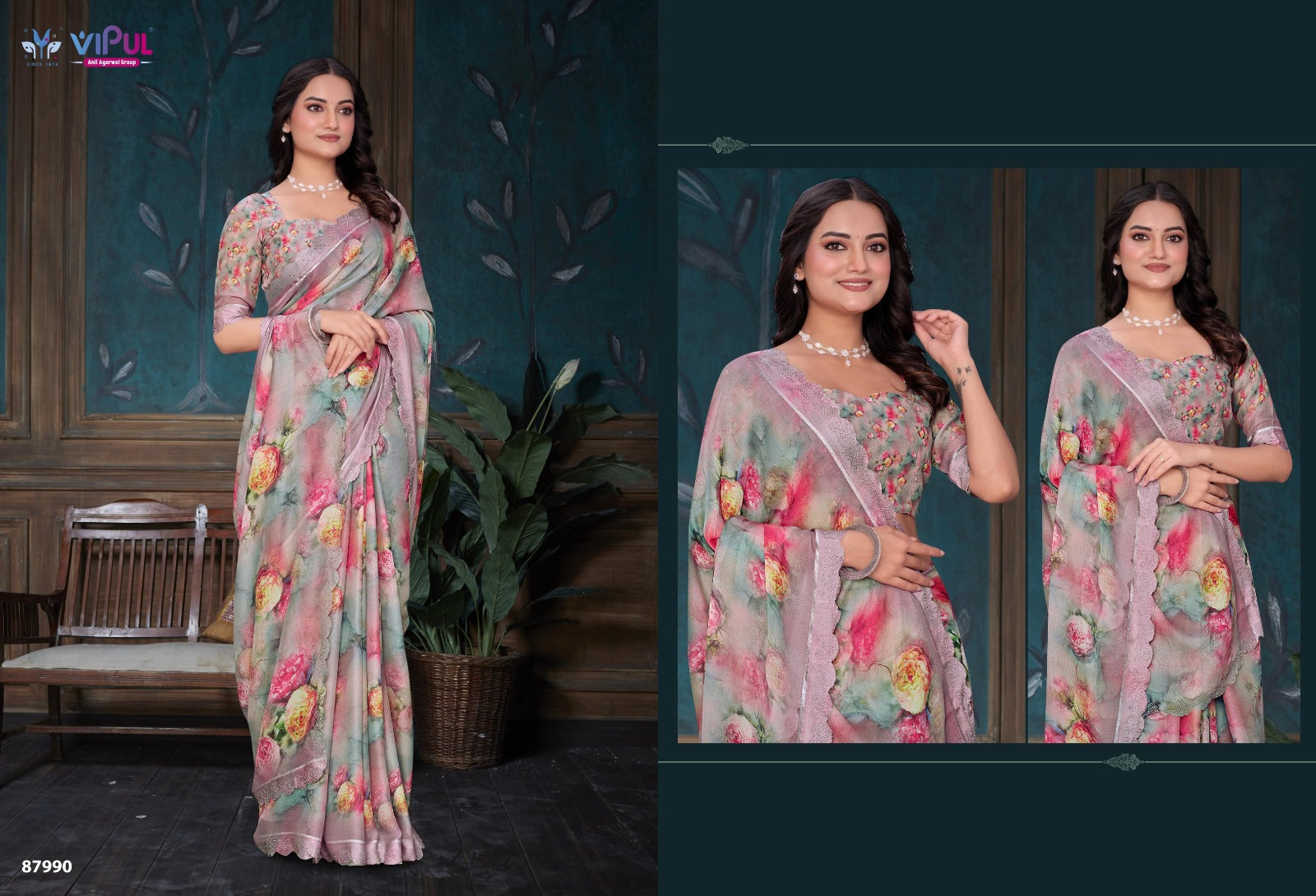 Estella Vipul Dull Moss Sarees Wholesale Price