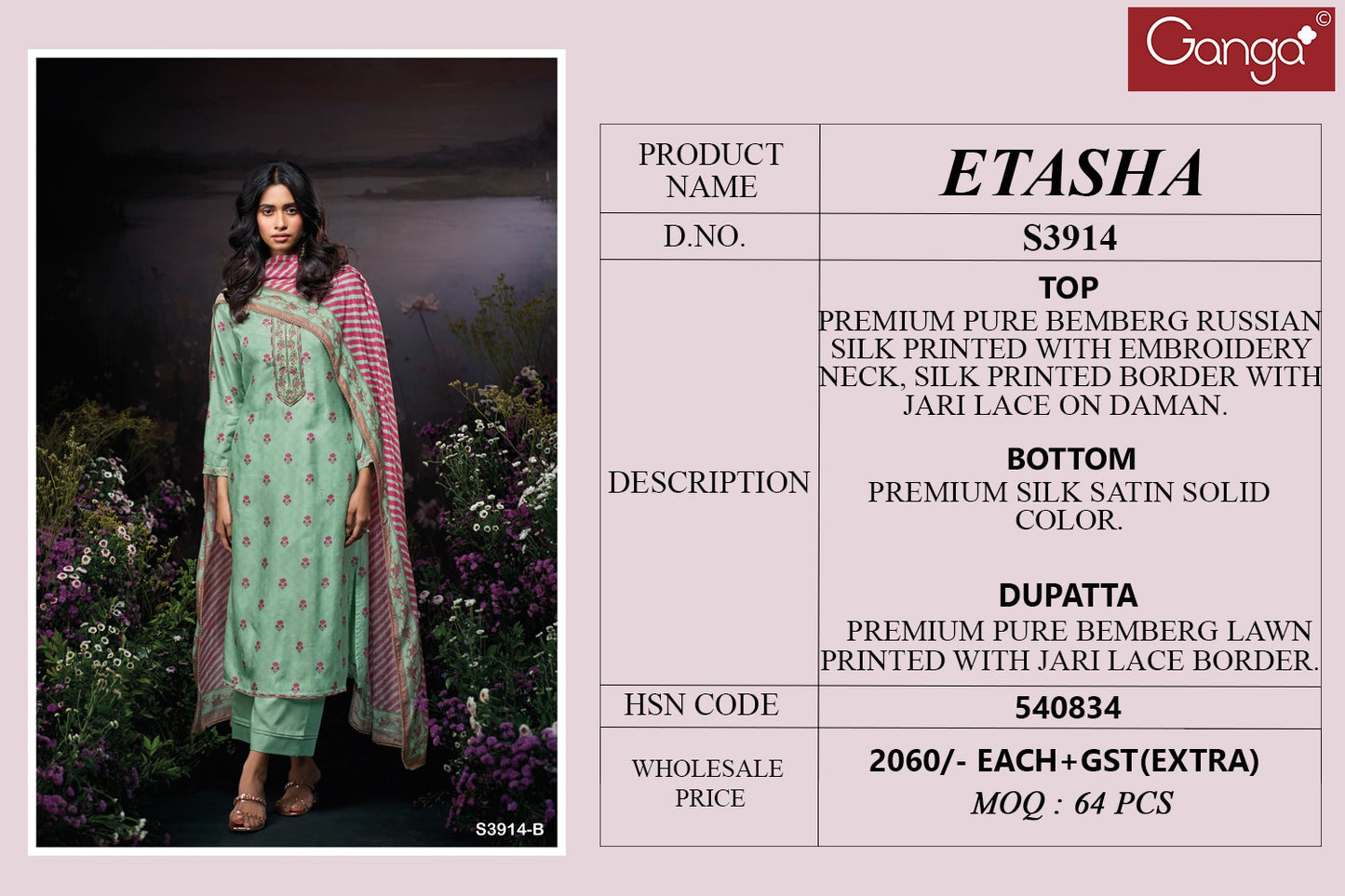 Etasha 3914 Ganga Premium Bemberg Plazzo Style Suits Exporter Gujarat