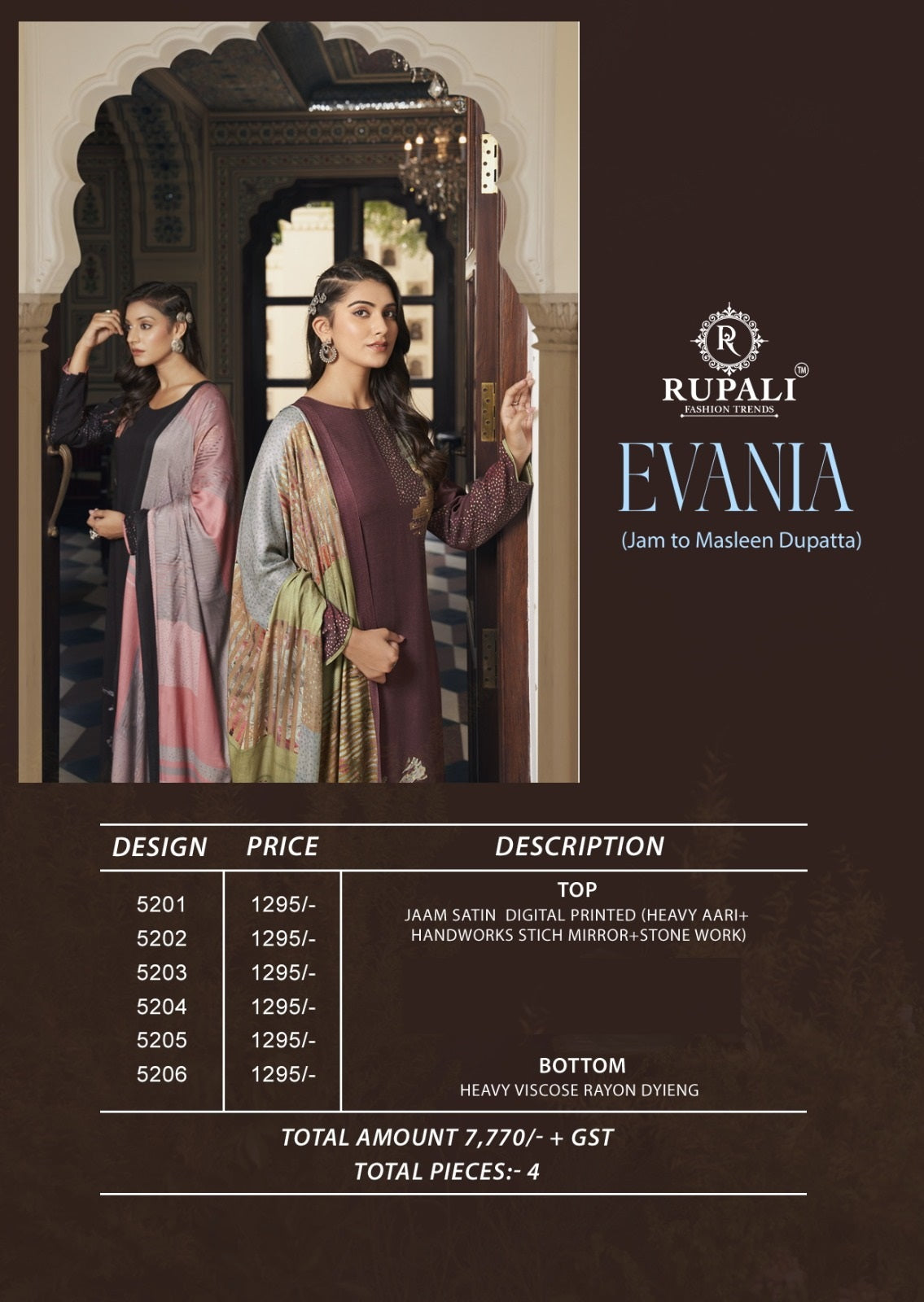 Evania Rupali Jaam Satin Pant Style Suits Exporter