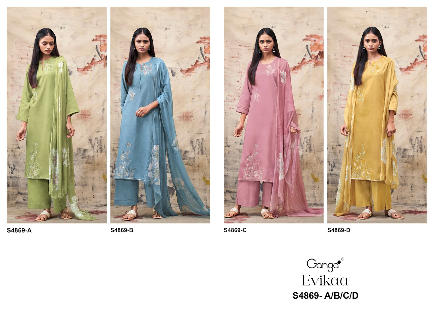Evikaa S4869 Ganga Cotton Satin Pant Style Suits Wholesale Rate