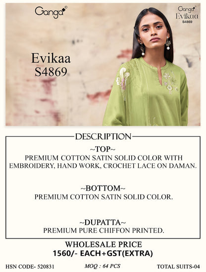 Evikaa S4869 Ganga Cotton Satin Pant Style Suits Wholesale Rate