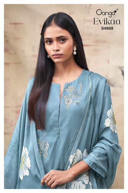 Evikaa S4869 Ganga Cotton Satin Pant Style Suits Wholesale Rate