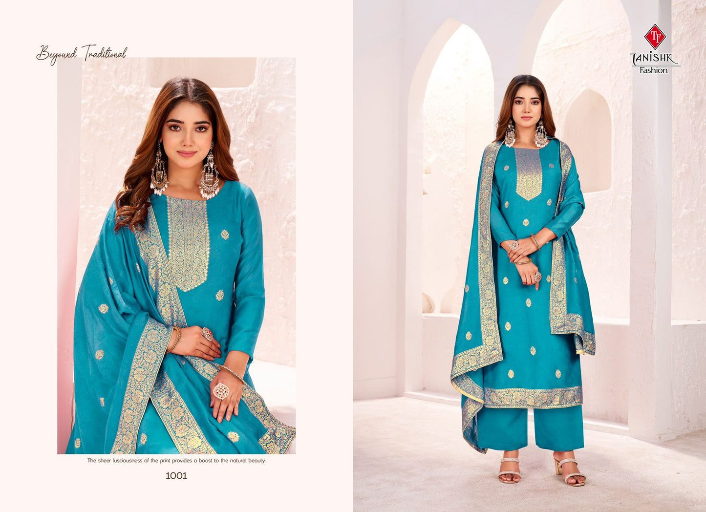 Evira Karwa Chowth Special Tanishk Fashion Muslin Jacquard Pant Style Suits Manufacturer Gujarat