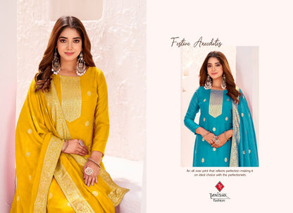 Evira Karwa Chowth Special Tanishk Fashion Muslin Jacquard Pant Style Suits Manufacturer Gujarat