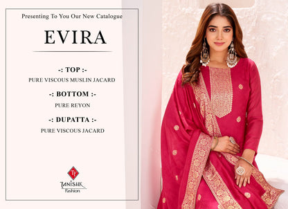 Evira Karwa Chowth Special Tanishk Fashion Muslin Jacquard Pant Style Suits Manufacturer Gujarat