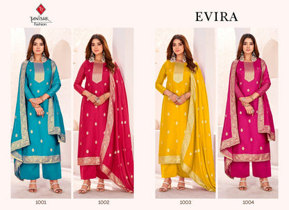 Evira Karwa Chowth Special Tanishk Fashion Muslin Jacquard Pant Style Suits Manufacturer Gujarat