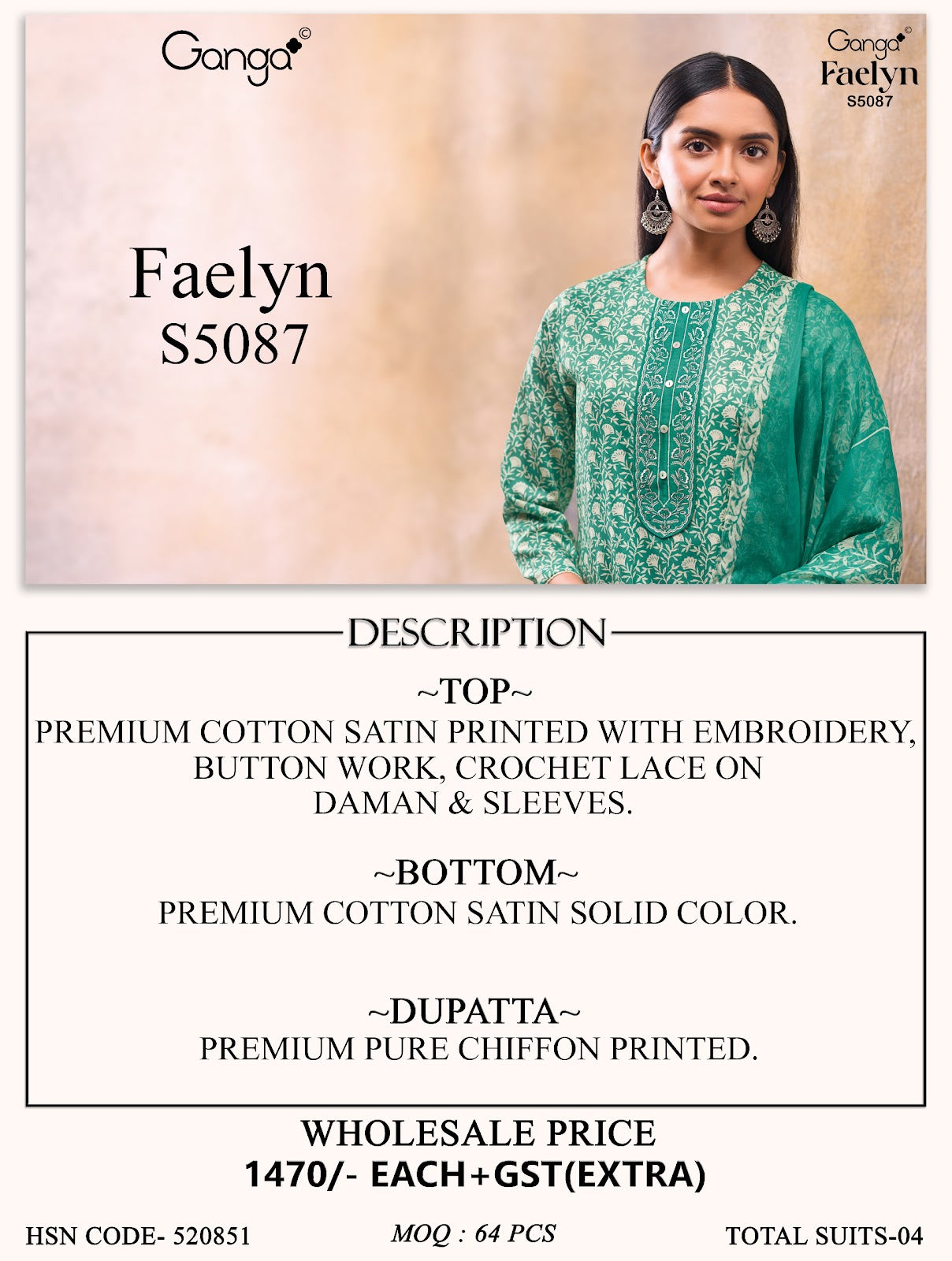 Faelyn S5087 Ganga Cotton Satin Plazzo Style Suits Supplier
