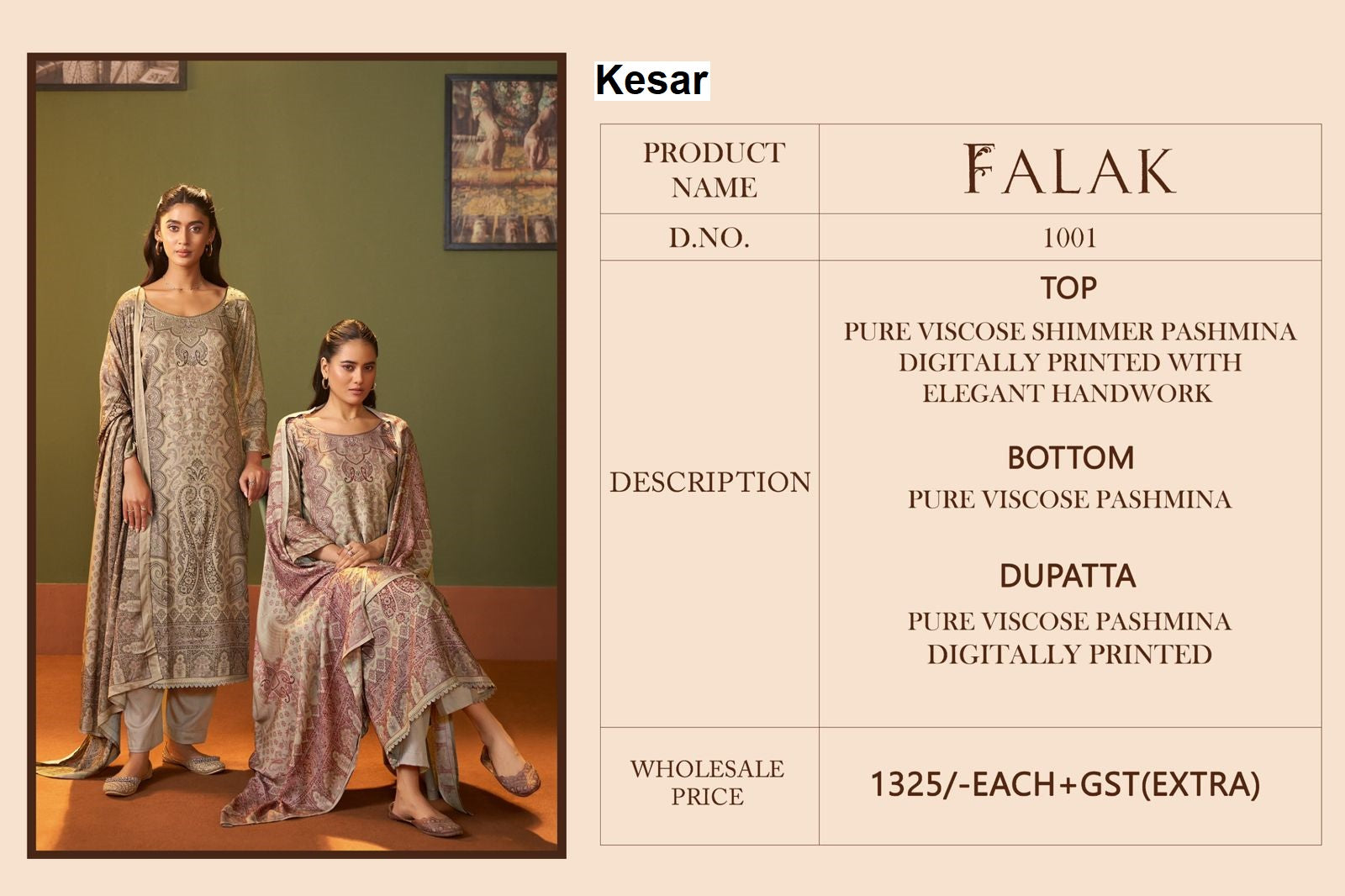 Falak 1001 Kesar Pure Viscose Pashmina Suits Supplier Ahmedabad