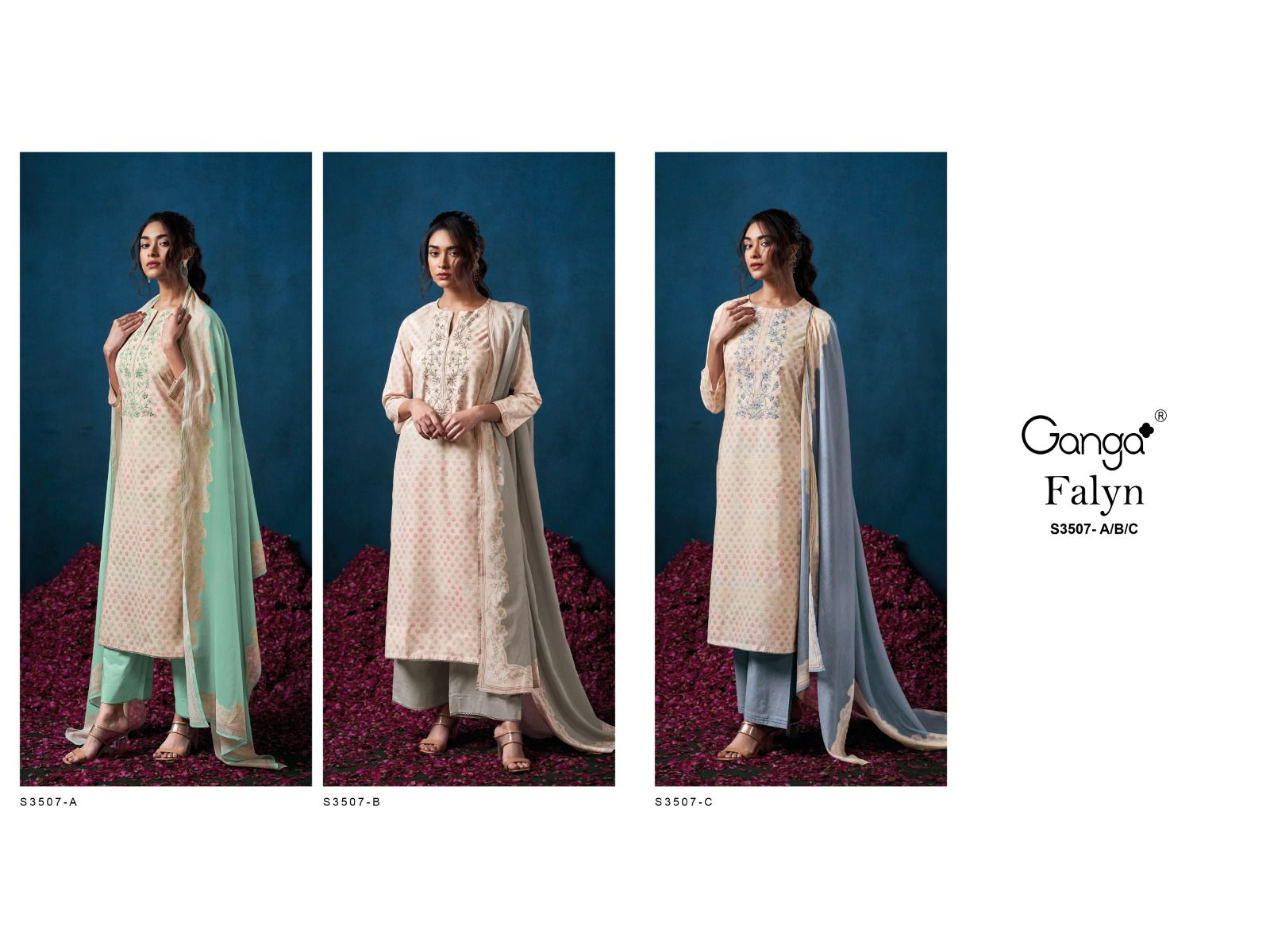 Falyn 3507 Ganga Premium Cotton Plazzo Style Suits Supplier Ahmedabad