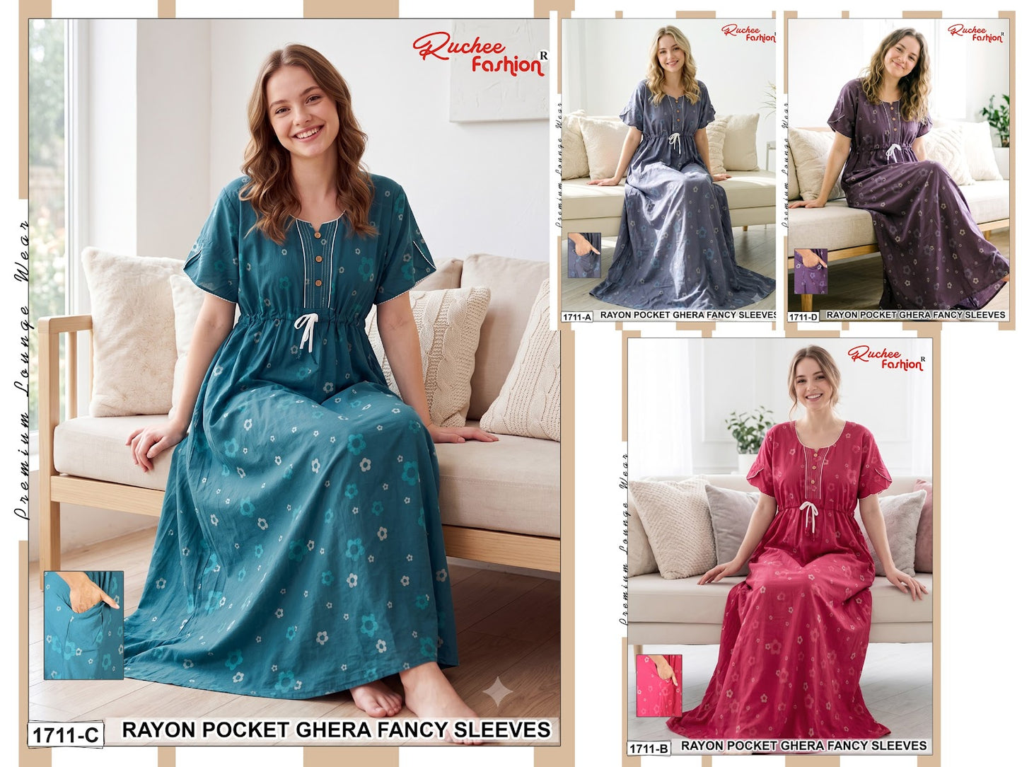 Fancy Sleeves 0809 Ruchee Fashion Rayon Night Gowns Wholesaler