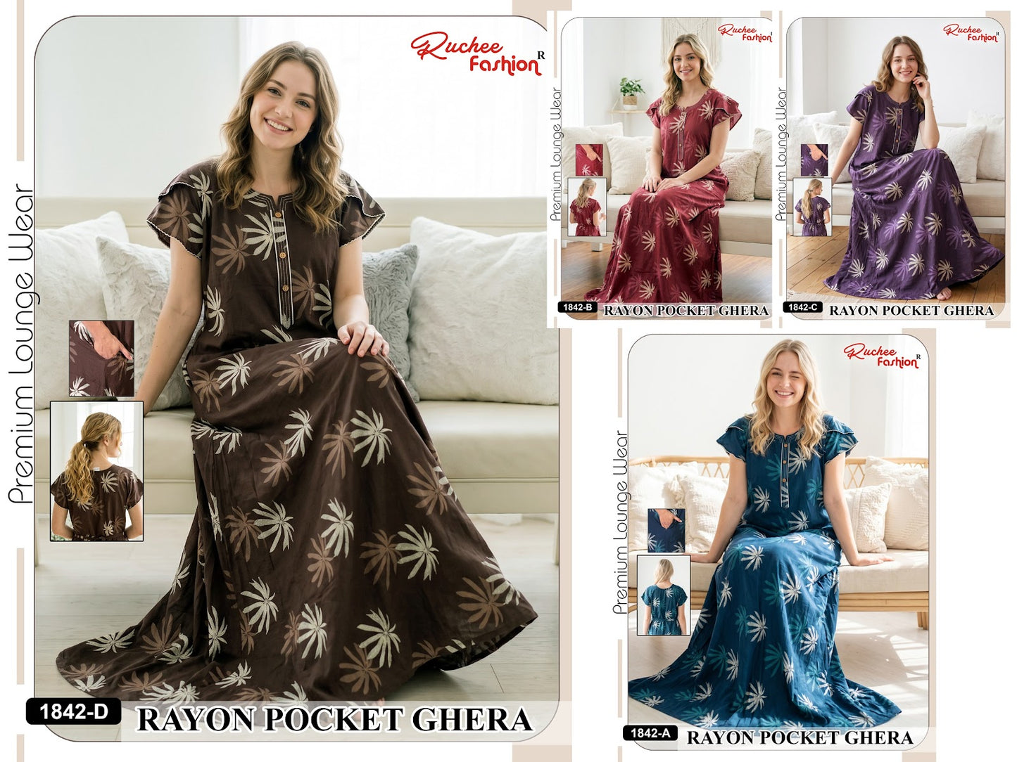 Fancy Sleeves 0809 Ruchee Fashion Rayon Night Gowns Wholesaler