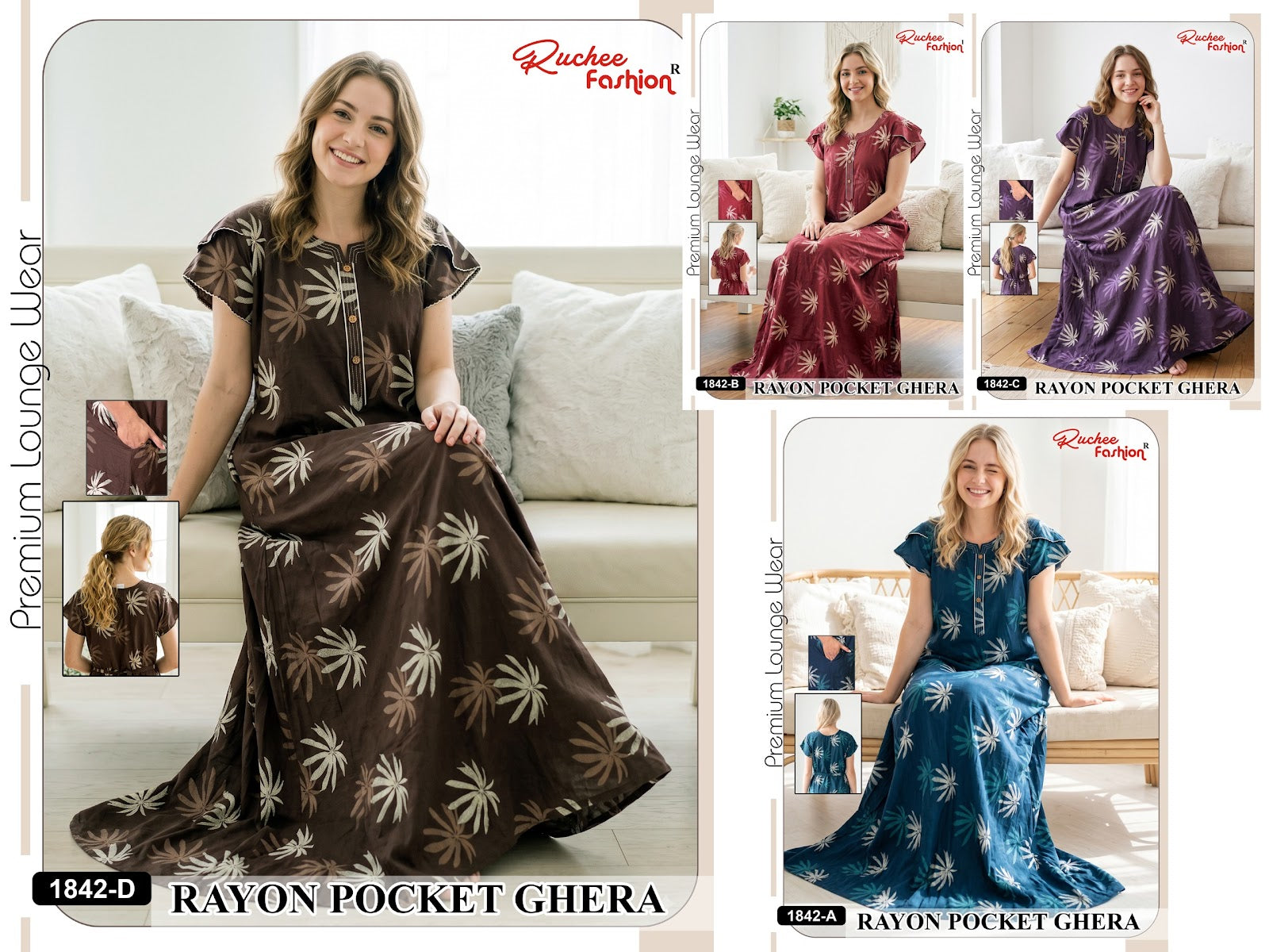 Fancy Sleeves 0809 Ruchee Fashion Rayon Night Gowns Wholesaler
