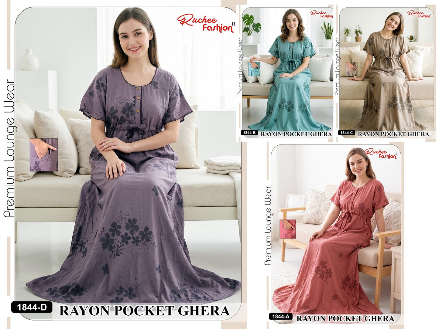 Fancy Sleeves 0809 Ruchee Fashion Rayon Night Gowns Wholesaler
